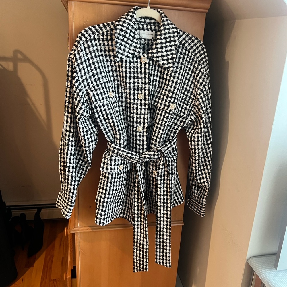 Lovers + Friends Black and White Houndstooth Belted Jacket